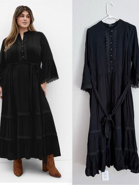 City Chic Plus Size Camille Long Sleeved Maxi Dress black With Lace